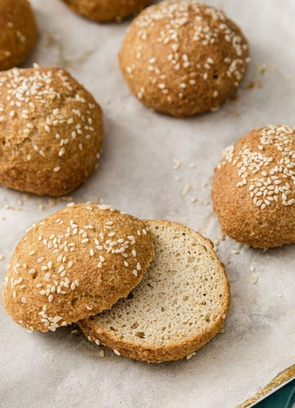 ketogenic Fluffy Burger Rolls made from Almond Flour with avocado as keto snack